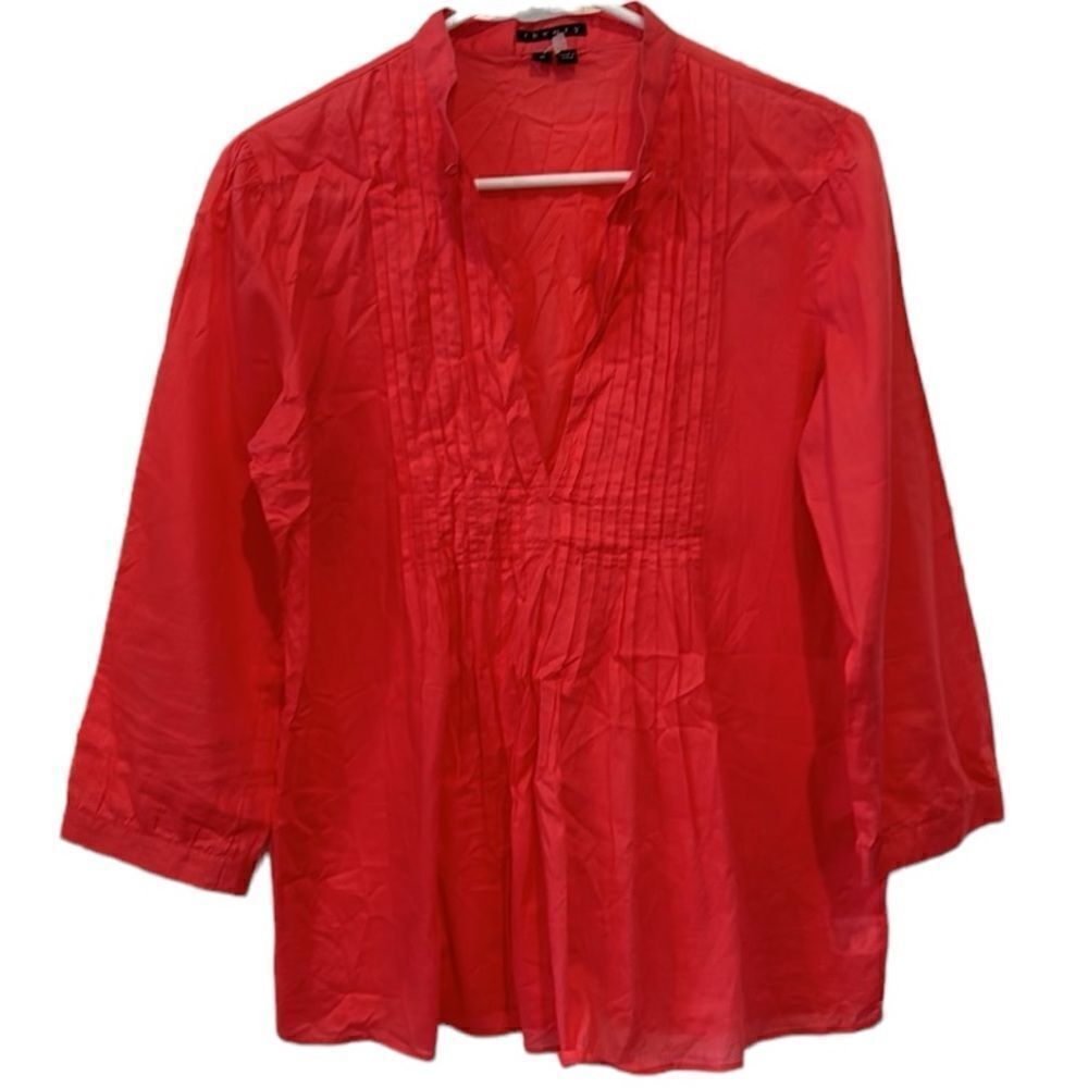 Theory 100% cotton pleaded tuck front coral tunic blouse, size medium